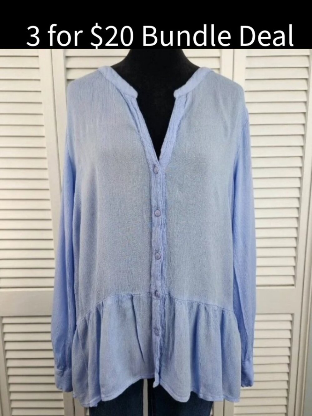 Life Style Light Blue Boho Top 100% Viscose Gauze V Neck Ruffle Women's Medium
